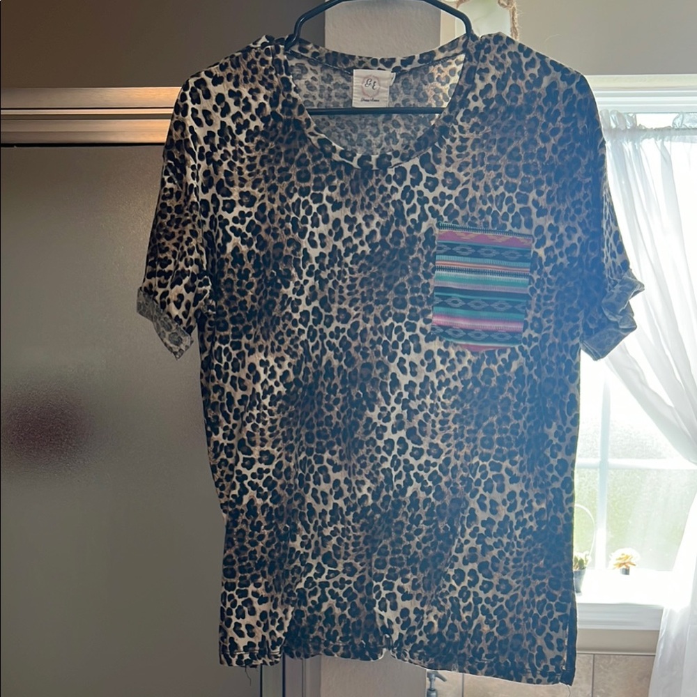 Leopard Print Tee with Aztec Pocket